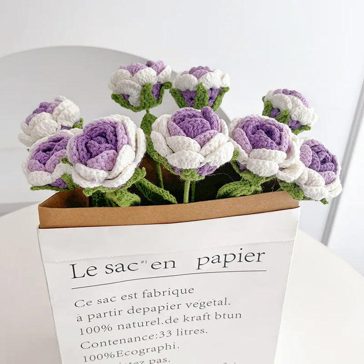 Rynx | 1PC knitted flower rose tulips daisies artificial flower bouquets wedding party decoration hand knitted crochet woven bouquet