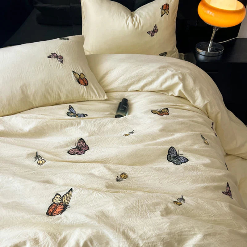 Rynx | 2/3/4 Pieces Luxury Butterfly Embroidery Bedding Set Soft Skin-Friendly Washed Cotton Duvet Cover Twin Full Queen King Bed Set