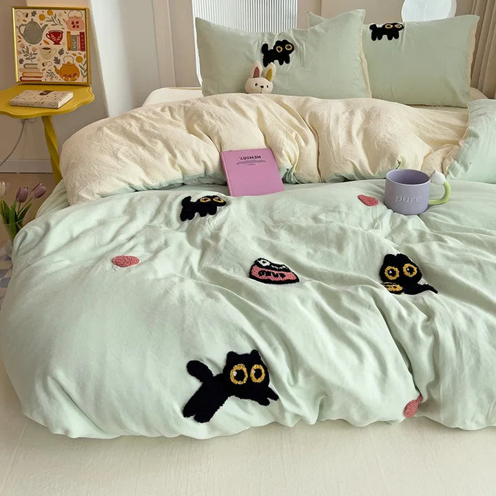 Rynx | Bedding set Super soft washed cotton towel embroidery duvet cover four-piece set - Lucky cat series