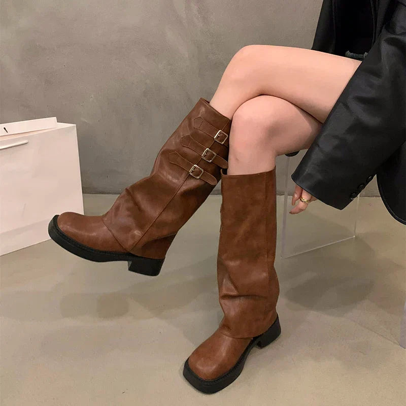Lisslune | Retro Style Knee-High Boots Women Fashion Women Slip-On Knight Long Boots Autumn Winter Women Footwear