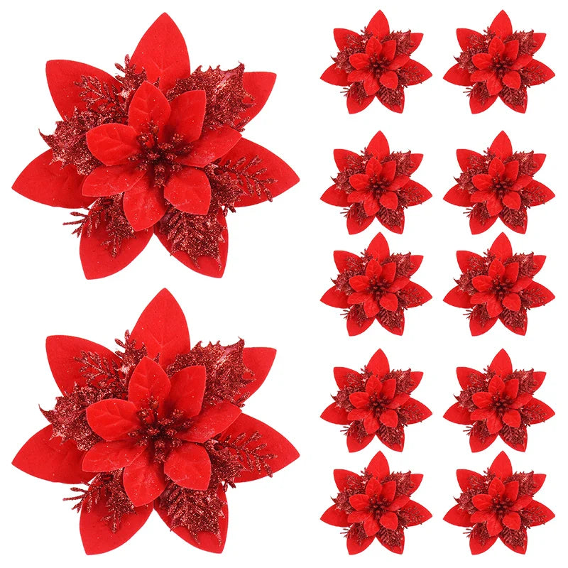 Rynx 5/10pcs Glitter Pink Christmas Flowers Xmas Tree 14cm Artificial Flowers Ornaments 2024 Christmas Decoration For Home New Year