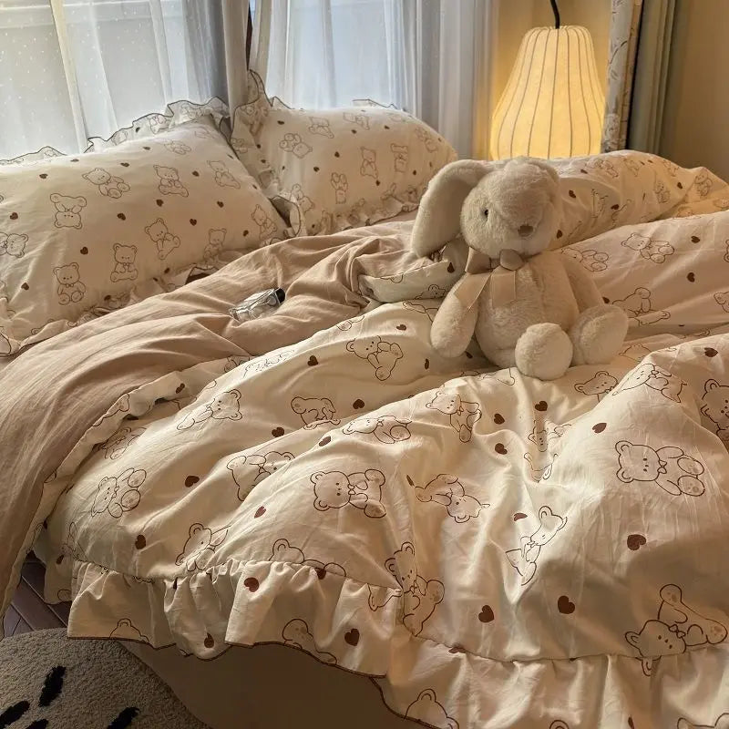 Rynx | Korean Princess Bedding Set Skin-friendly Washable Cotton Bedding Set of Four Pieces Lace Bedding Set Pillowcases Duvet Cover