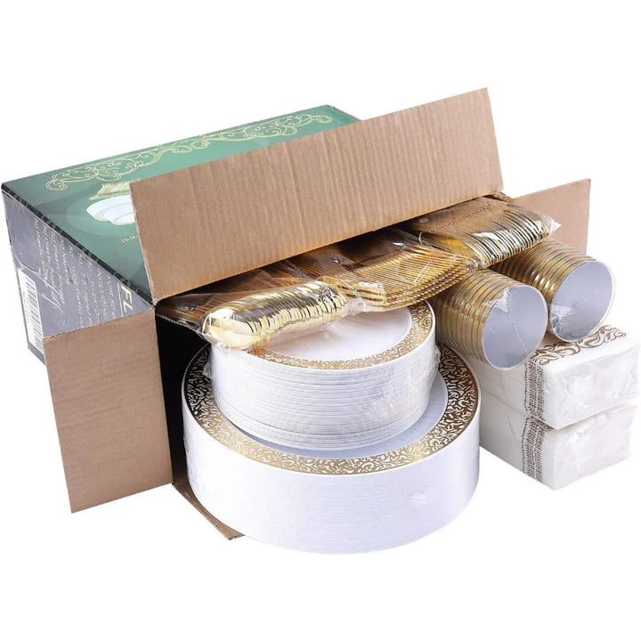 Lisslune | 350pcs Disposable Gold Lace Dinnerware Set for 50 Guests