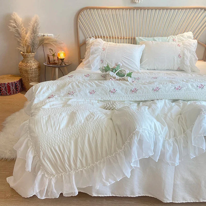 Rynx | Pink Korean Princess Style Lace Ruffle Wedding Bedding Set Seersucker Washed Cotton Soft Duvet Cover Set Bed Sheets Pillowcases