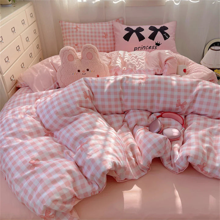 Lisslune | INS Prinzessin Schleifen Bettwäsche Set Rosa Bettbezug Bettdeckenbezug Mädchen Bettwäsche Gewaschenes Baumwollbettzeug Weich Einzel Doppel