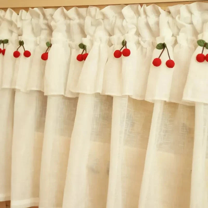 Rynx | Korean Style Fresh Linen Short Curtain for Kitchen Small Windows Half Curtain Cherry Decorative Curtain Tulle Door Curtain Drapery