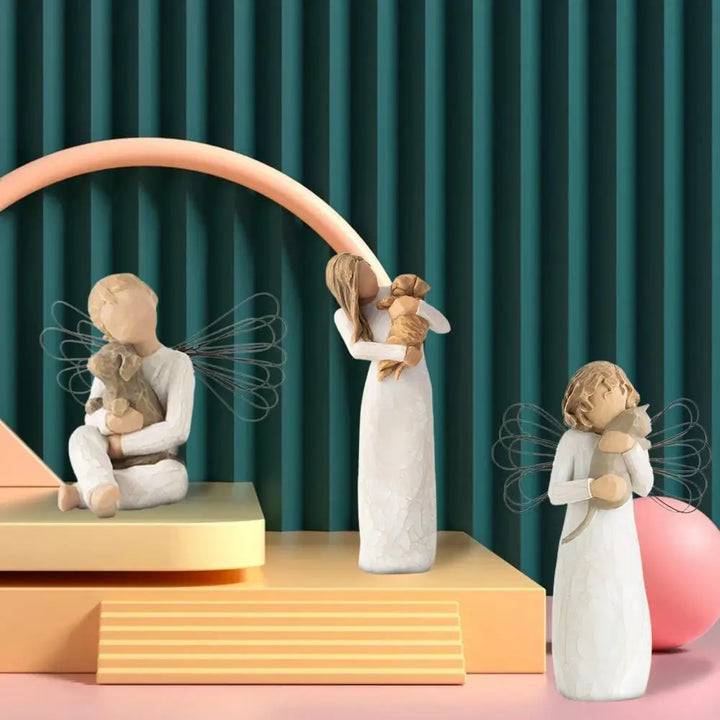 Lisslune | Statuette made of resin, people, family figures, sculpture, figures for home decor, table decoration, living room, angel, embrace, dog, father, child