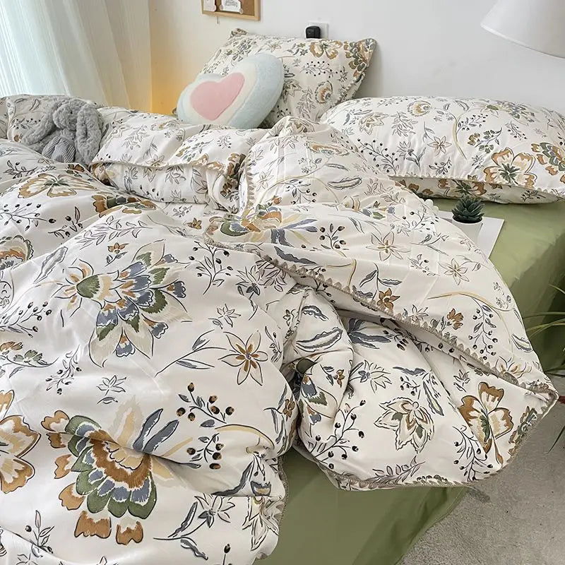 Rynx | Bedding set INS Girls Cherry Soft washed cotton bed sheet Queen King size duvet set Comforter set pillowcase bedding