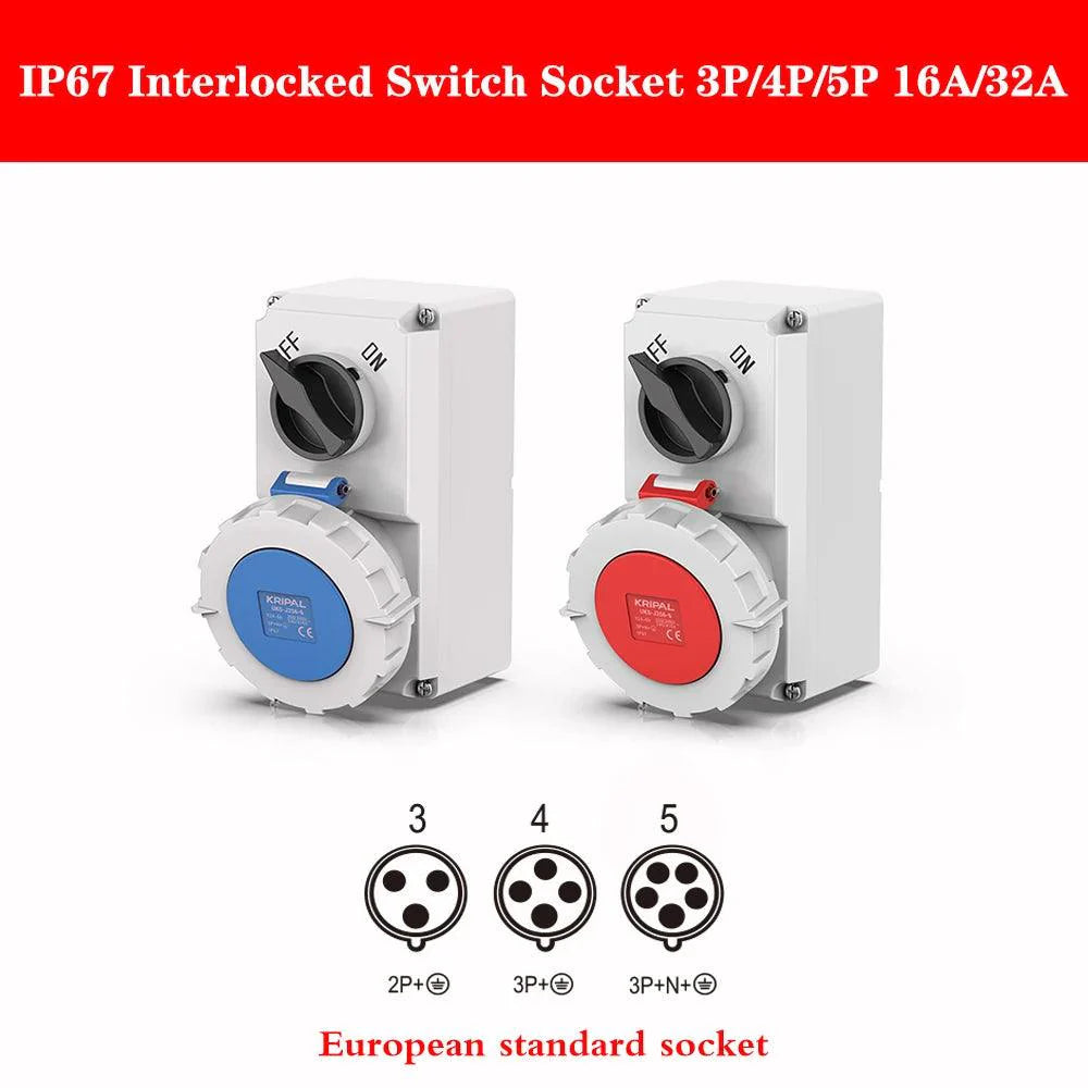 Lisslune | Robust durable waterproof 32A CEE combination socket with circuit protection and switch control