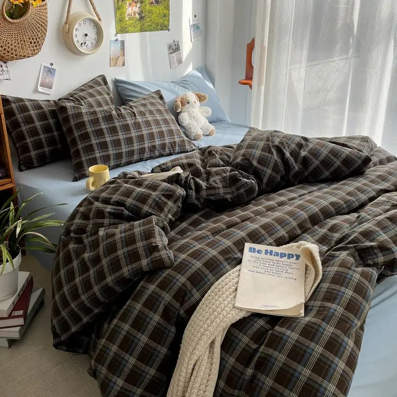 Rynx | Bedding Set Ins Ambiance Blue Coffee Grid Mixed With Washed Cotton Minimalist Four-Piece Set Fitted Sheet Duvet Cover