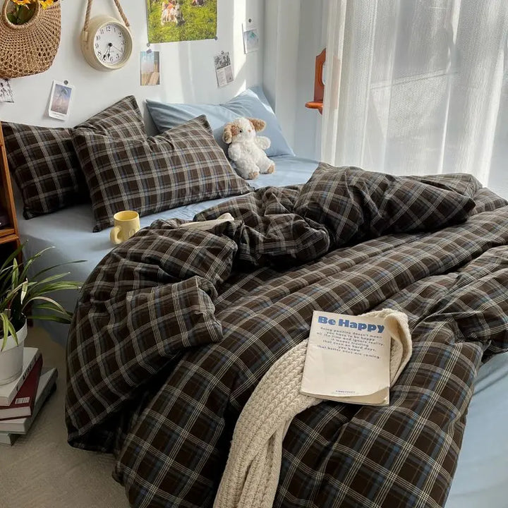 Rynx | Bedding Set Ins Ambiance Blue Coffee Grid Mixed With Washed Cotton Minimalist Four-Piece Set Fitted Sheet Duvet Cover