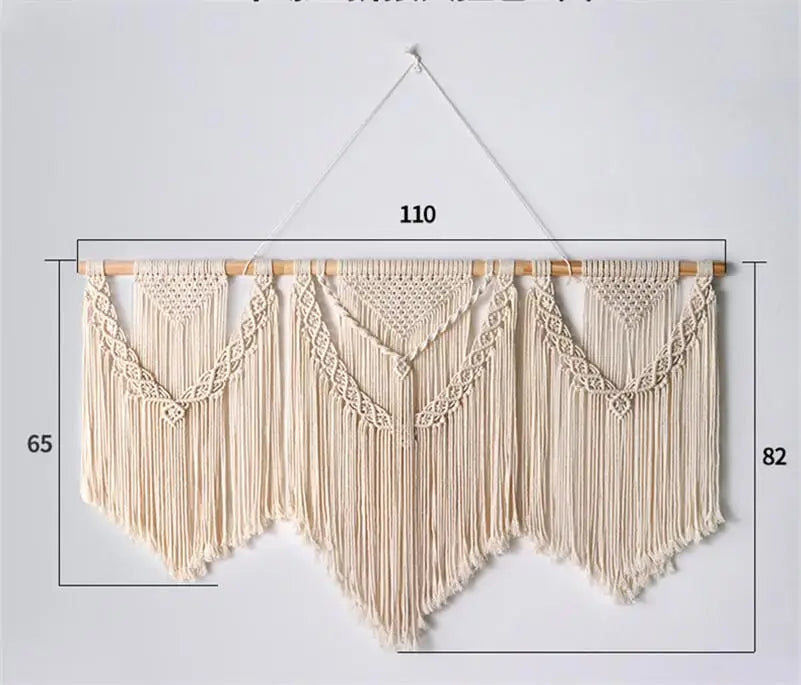 Rynx | Large Macrame Wall Tapestry Handcrafted Cotton Rope Tassel Pendant Wall Hanging Rug with Wooden Stick Handwoven Bohemia Tassel