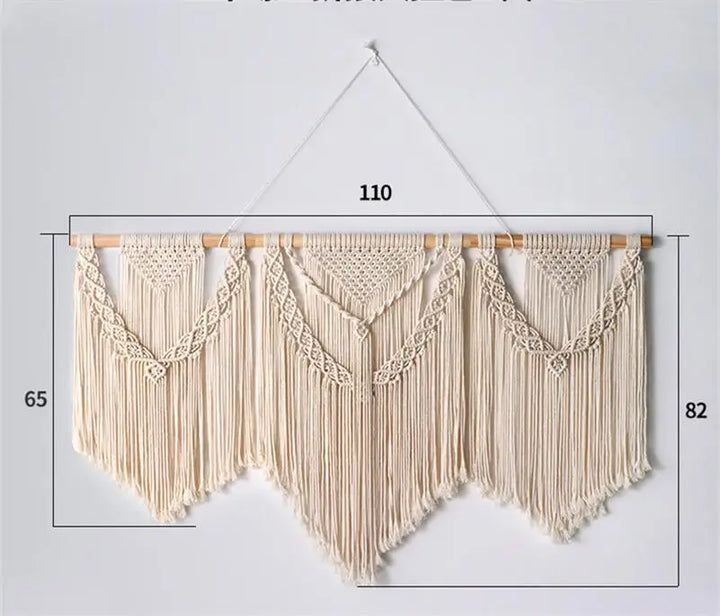 Rynx | Large Macrame Wall Tapestry Handcrafted Cotton Rope Tassel Pendant Wall Hanging Rug with Wooden Stick Handwoven Bohemia Tassel