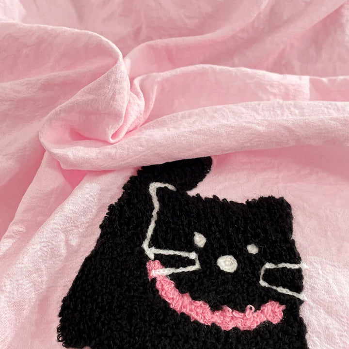 Rynx | Korean Style Pink Bedding Set Black Cat Embroidery Washed Cotton Duvet Cover Cute Cartoon Bedding Comforter Sets