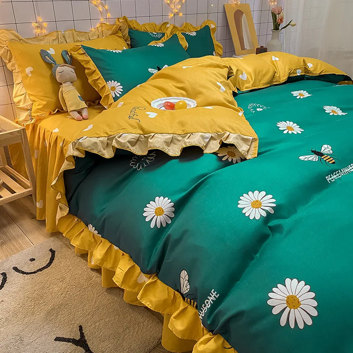 Lisslune | Korean-Vierteil-Set Herbst Winter Bettwäsche Prinzessinnenstil Spitzenbettbezug Blatt Frühling und Sommer Bett