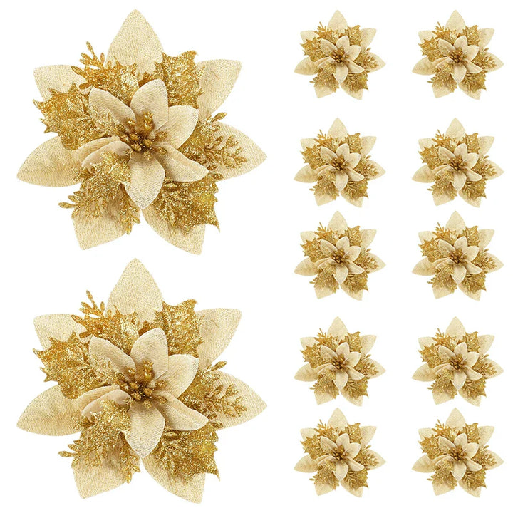 Rynx 5/10pcs Glitter Pink Christmas Flowers Xmas Tree 14cm Artificial Flowers Ornaments 2024 Christmas Decoration For Home New Year