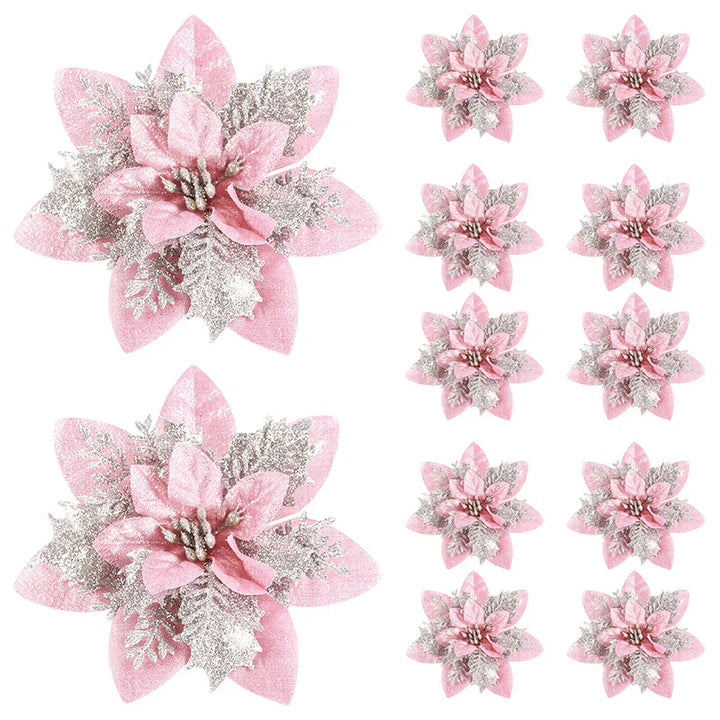 Rynx 5/10pcs Glitter Pink Christmas Flowers Xmas Tree 14cm Artificial Flowers Ornaments 2024 Christmas Decoration For Home New Year