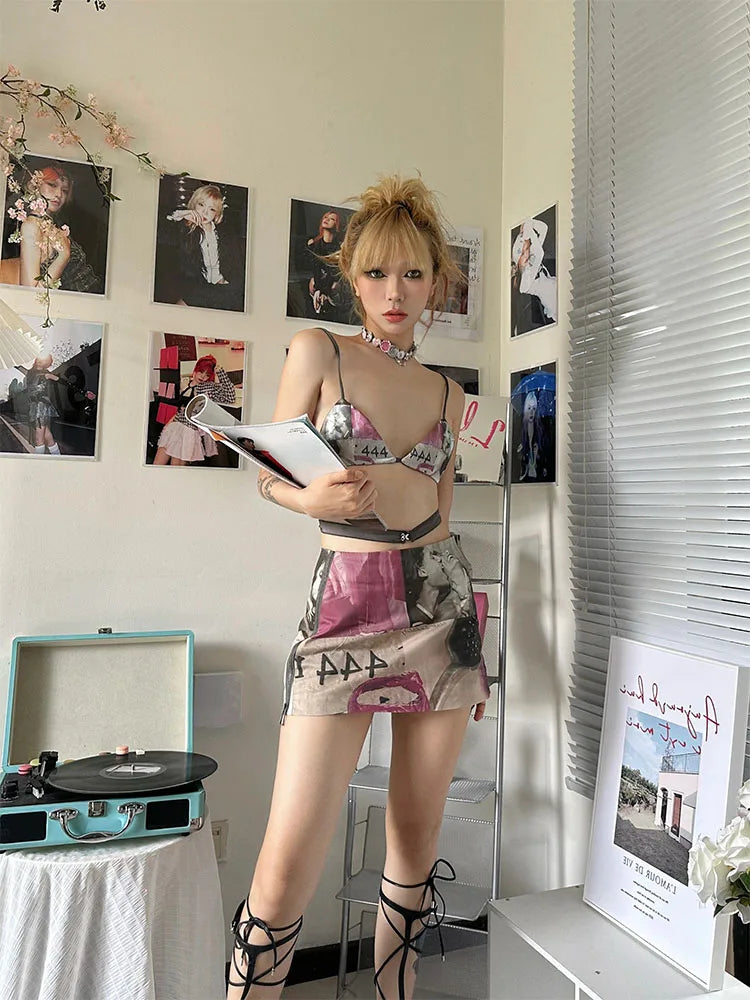 Rynx | Woman Aesthetics Bra Gyaru Outfits Ins Bustier Sexy 2-piece Skirt Sweet Set Mini Y2k Skirt A-line Elegant Set Lacing Knitted Print