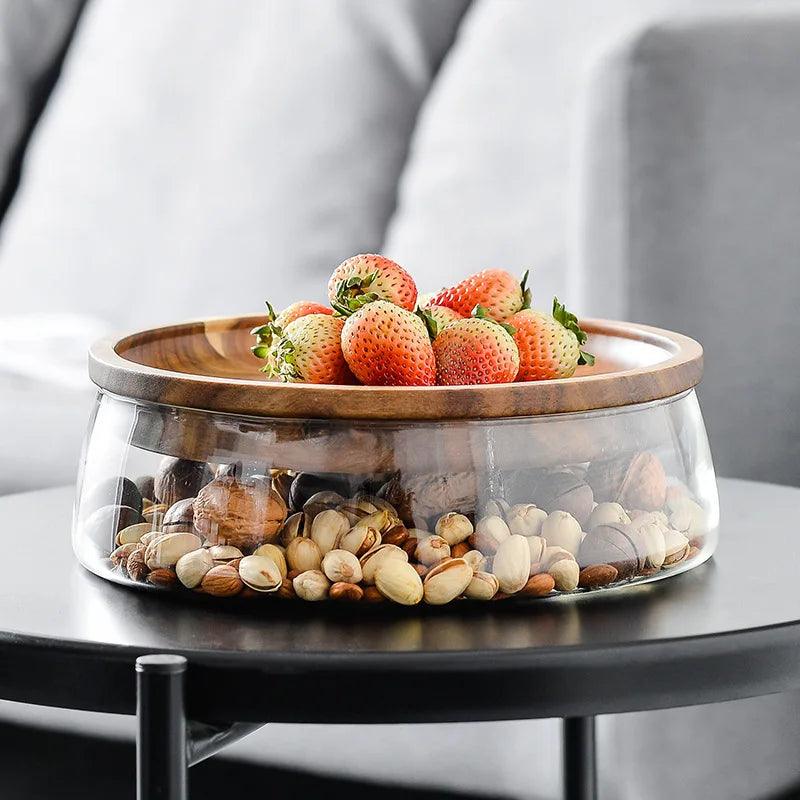 Lisslune | Elegant Acacia Wood Double-Layer Glass Storage Tray for Nuts and Fruits