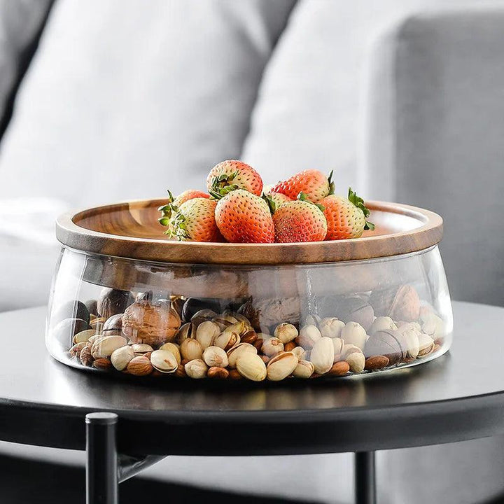 Lisslune | Elegant Acacia Wood Double-Layer Glass Storage Tray for Nuts and Fruits