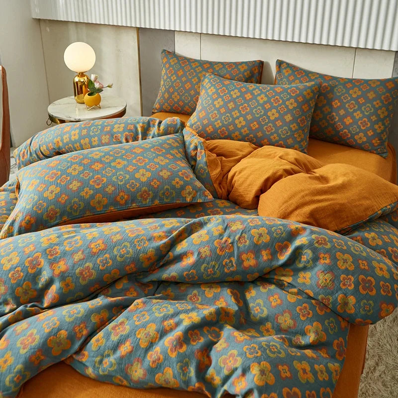 Rynx | Cotton Soft Bedding Set Striped Print Duvet Cover with Pillowcase Flower Duvet Pillowcases Sets