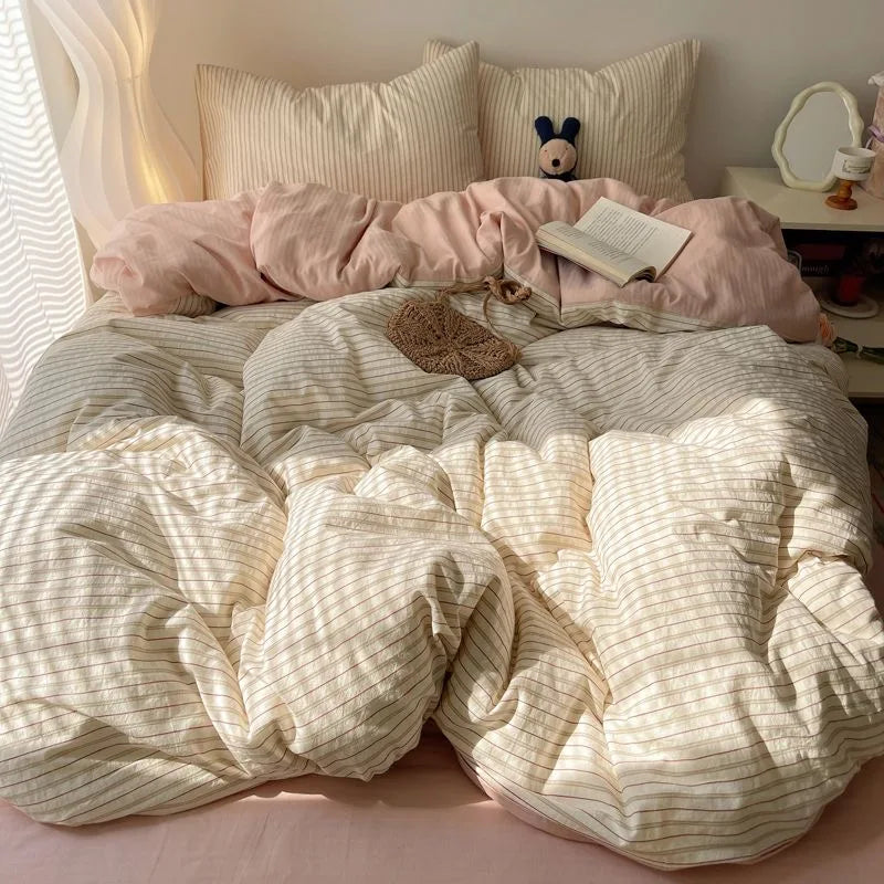 Rynx | Striped Bedding Set INS Nordic Girl Soft Washed Cotton Bed Sheet Queen King Size Duvet Cover Set Comforter Set Pillowcase Bedding