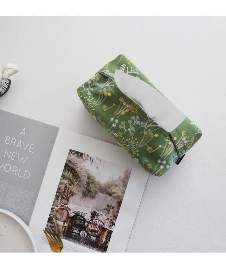 Rynx | Green Forest Plant Cotton Linen Fabric Embroidery Paper Box Napkin Paper Holder Tissue Box Bedroom Table Decoration Ornament Car Napkin