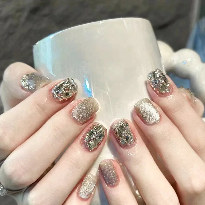 Rynx | Nude Pink Cat Eye Red French Nail Art Portable Fashion False Nails Removable Ready False Nails Press on Nails with Glue