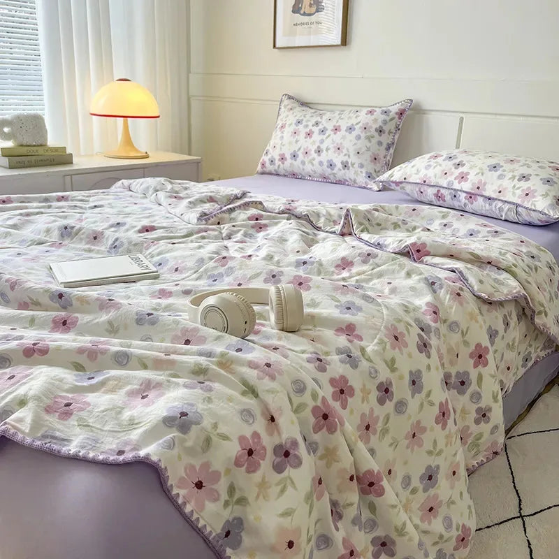 Rynx Summer Quilt Cotton Floral French Style Double Climate Quilt, Double Layer Summer Blanket Comforter Duvet