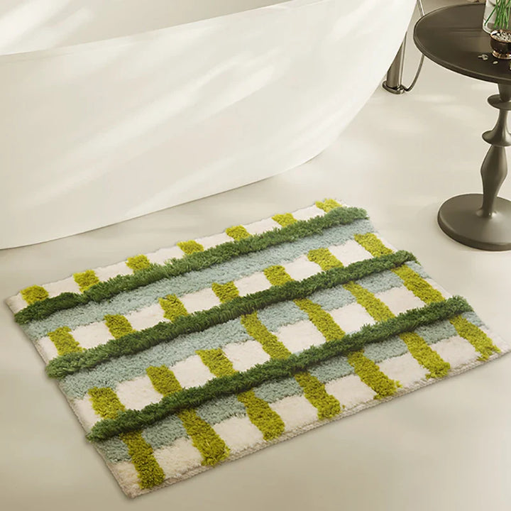 Rynx | Tufting Checks Bath Rug Chic Bathroom Rug Soft Fluffy Geometric Mat Carpet Floor Non-Slip Mat Aesthetic Home Space Green Decor