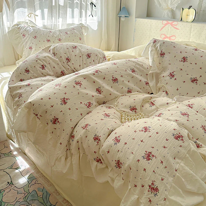 Rynx | Korean Style Flower Bedding Set 2024 New Washed Cotton 4-piece Bed Sheet Set Duvet Cover Set for Girls Bedding Decor Home