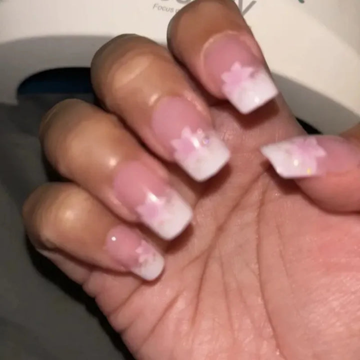 Rynx | 24 Piece Square Press-on Nails Set with Pink Flower Patterns Full Coverage Acrylic Nail Tips Glue for Stylish Women/Girls