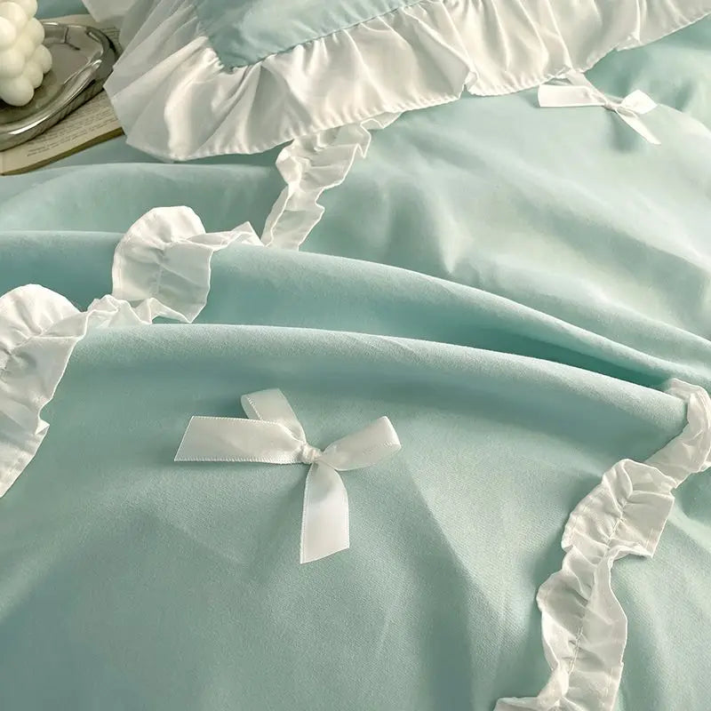 Rynx | Princess Style Duvet Cover Set with Bed Sheet Pillowcases Korean Green Pink Girls Gift Spring Single Queen Size Bedding Set