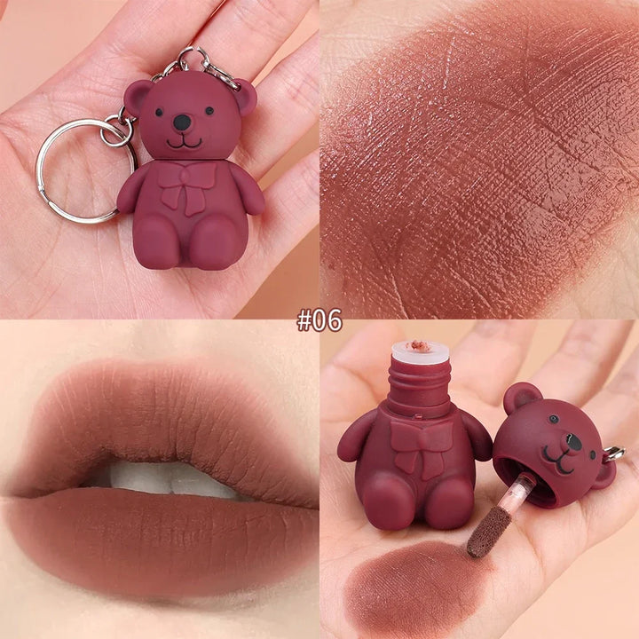 Rynx | Cute White Bear Keychain Glass Mirror Lipstick 6 Colors Sexy Jelly Red Liquid Lipsticks Waterproof Long-lasting Lip Lacquer Cosmetics