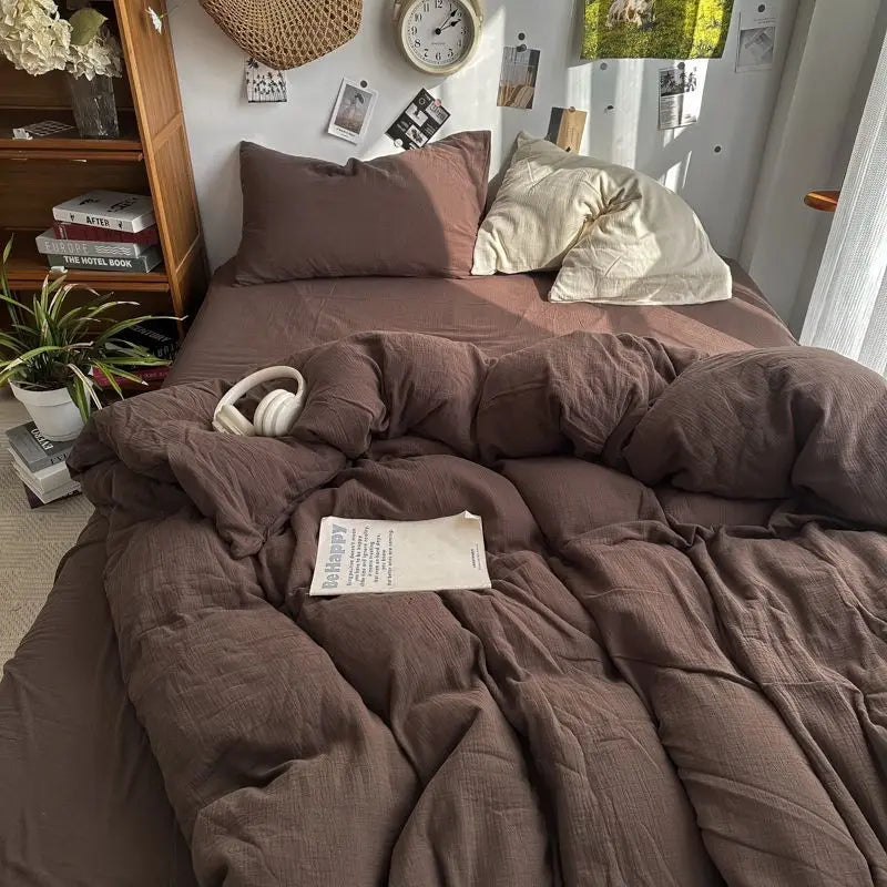 Rynx | Bedding Set Ins Ambiance Blue Coffee Grid Mixed With Washed Cotton Minimalist Four-Piece Set Fitted Sheet Duvet Cover