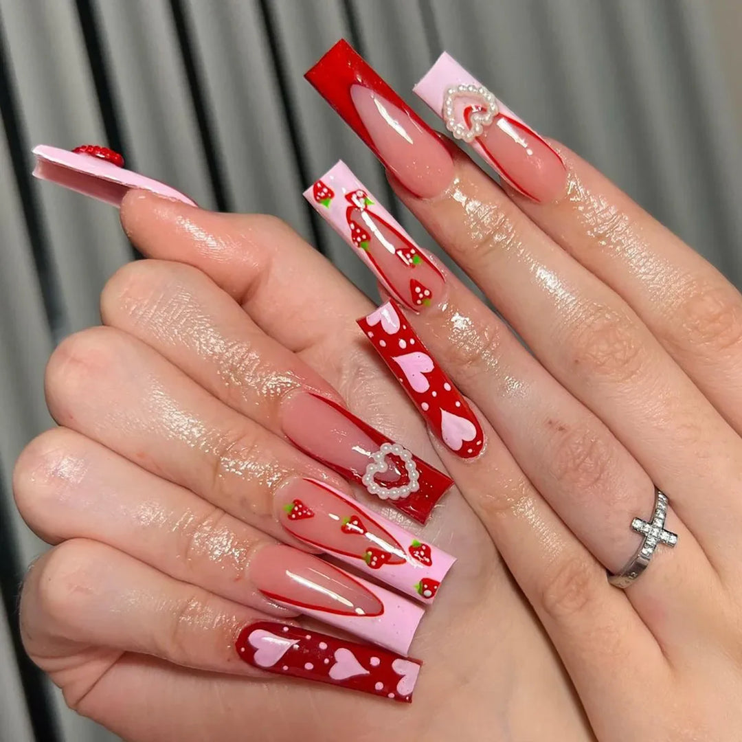 Rynx | Red Love Heart French Sweet Nail Art Nude Pink Artificial Nails Removable Finished Fingernails Valentine's Day Gift Press-on Nails With Glue