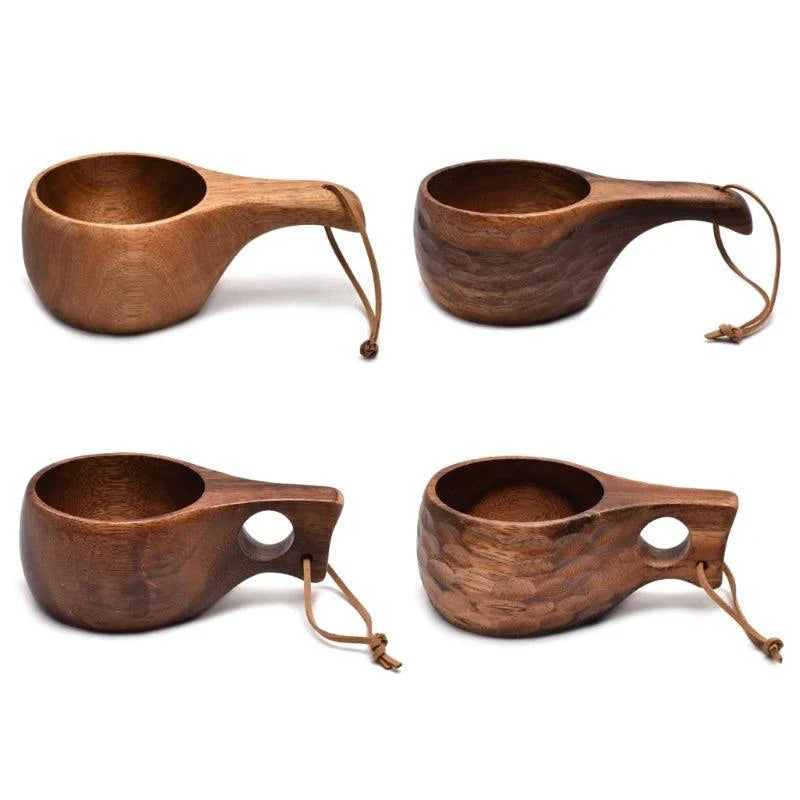 Lisslune | Acacia Wood Finland Kuksa Travel Mug with Handle and Leather Rope Holder - Stylish Drinkware for Coffee, Tea, and Juice