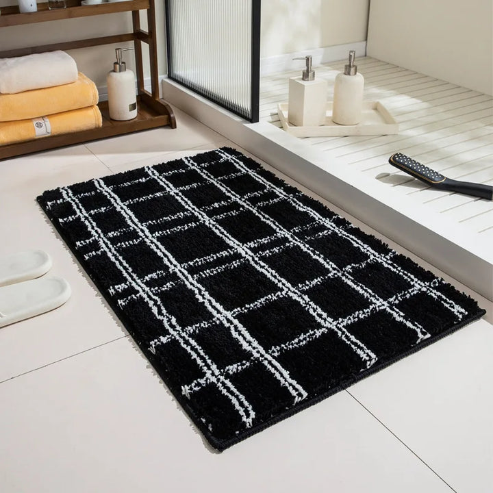 Rynx | Geometric Tufting Bathroom Mat Bath Rug Soft Black White Grid Pad Living Room Carpet Non-Slip Hall Home Door Decor
