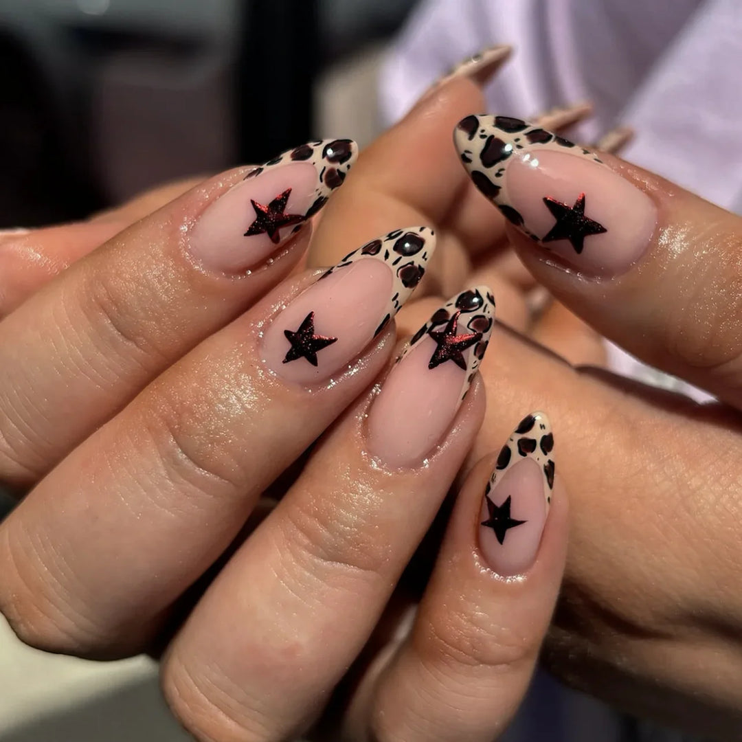 Rynx | Brown Leopard Gradient French Nail Art Red Bow Pearls False Nails Removable Ready-Made False Nails To Stick With Glue