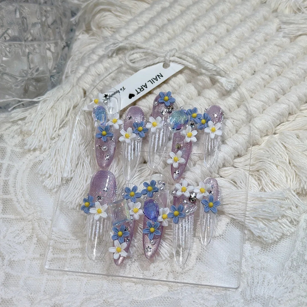 Rynx | 10 Pieces Handmade Press on Nails with Blue White Flowers Decoration Artificial Nails Portable Full Coverage Glossy French Cat Eye Press on Nails