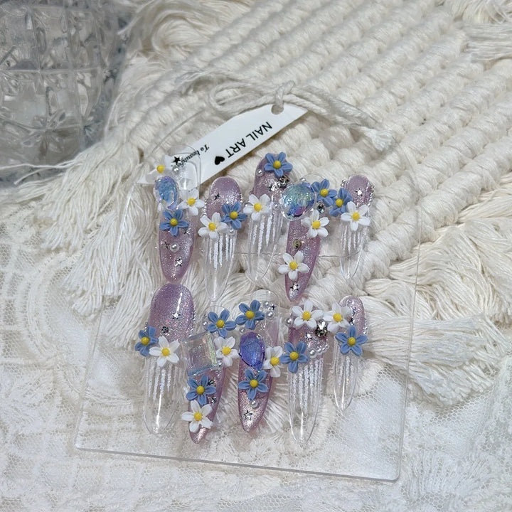 Rynx | 10 Pieces Handmade Press on Nails with Blue White Flowers Decoration Artificial Nails Portable Full Coverage Glossy French Cat Eye Press on Nails