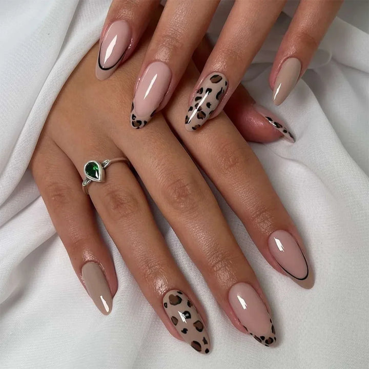 Rynx | Brown Leopard Gradient French Nail Art Red Bow Pearls False Nails Removable Ready-Made False Nails To Stick With Glue