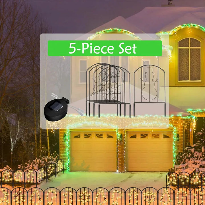 Rynx | 10-Panel Solar Illuminated Garden Fence with Christmas Pattern & String Lights, Stainless Steel Edge for Terrace, Garden and H