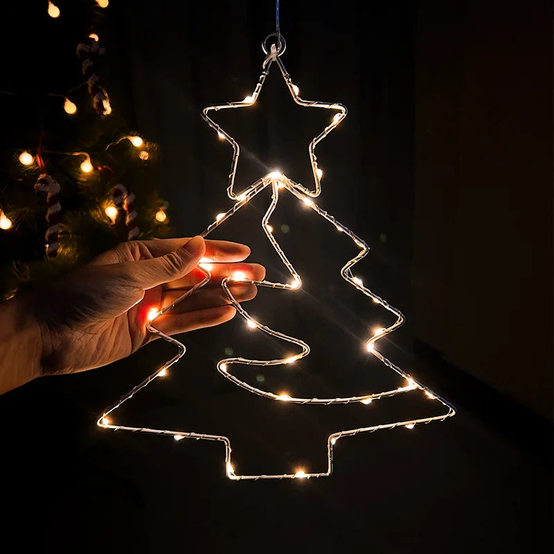 Rynx Christmas Tree Iron Frame LED Light String Window Hanging Ornament 2024 Christmas Decoration for Home 2025 New Year Party Supplies