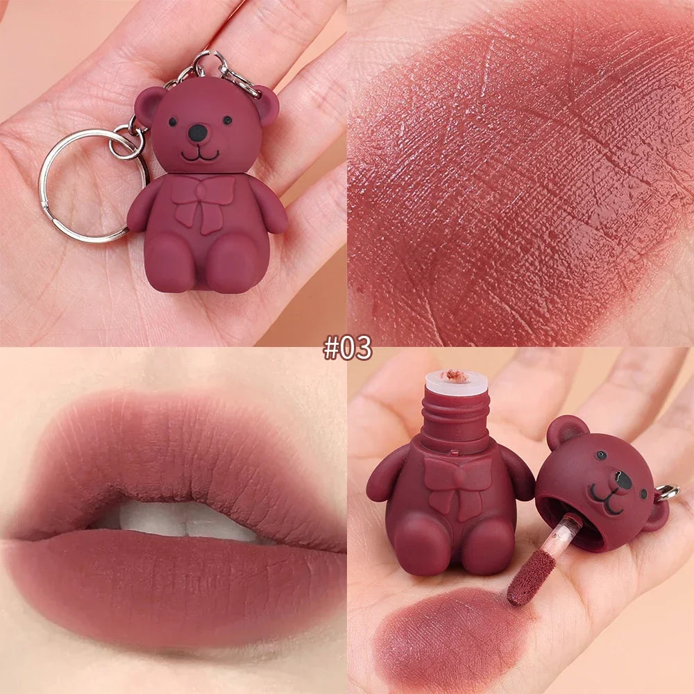 Rynx | Cute White Bear Keychain Glass Mirror Lipstick 6 Colors Sexy Jelly Red Liquid Lipsticks Waterproof Long-lasting Lip Lacquer Cosmetics