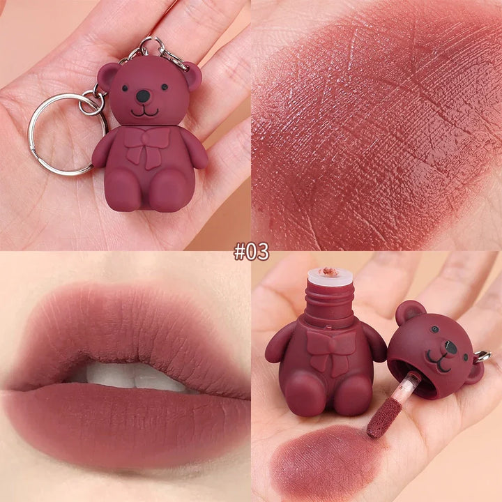 Rynx | Cute White Bear Keychain Glass Mirror Lipstick 6 Colors Sexy Jelly Red Liquid Lipsticks Waterproof Long-lasting Lip Lacquer Cosmetics