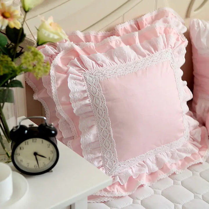 Rynx Pink European Embroidered Pillowcase Ruffle Lace Satin Cotton Pillowcase Handmade Elegant Bedding Pillowcase Sofa Cushion
