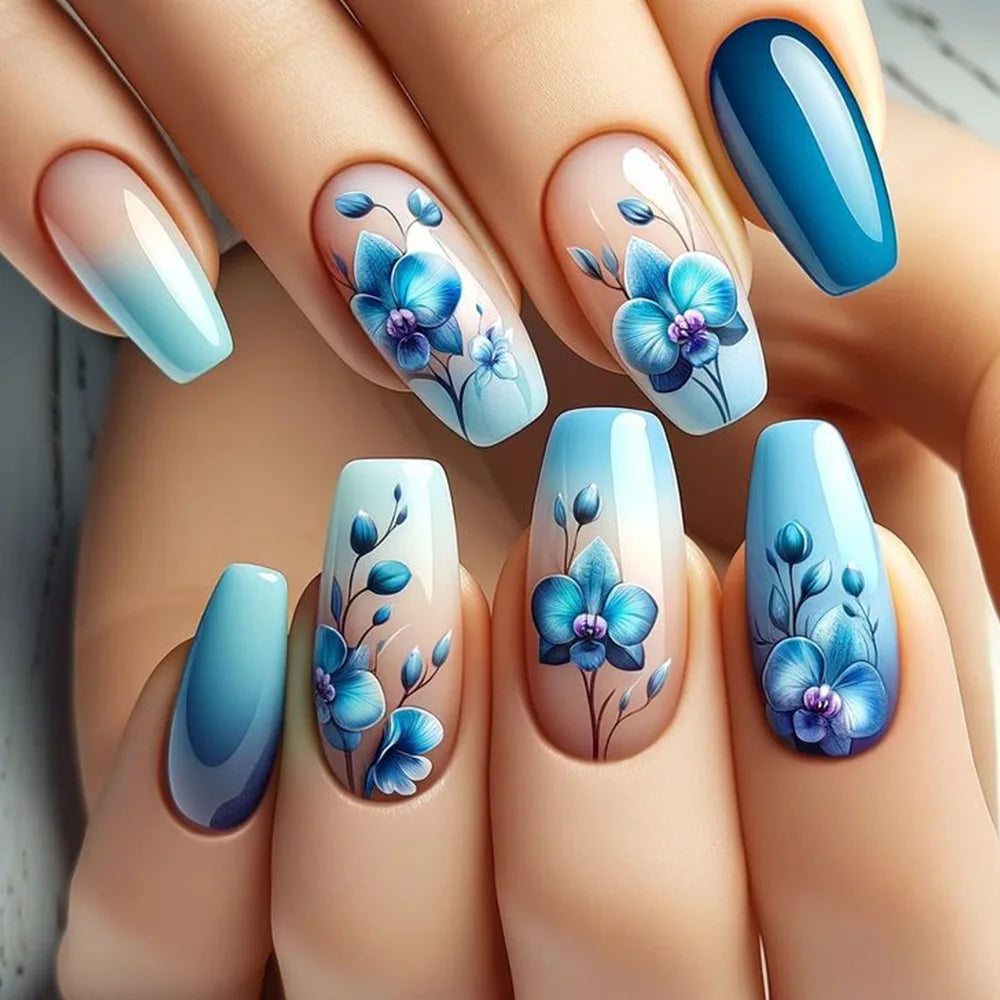 Rynx | 24 pcs. Blue Butterfly Ballet Press-On Nails Art Love Flowers Design Art Nails French Removable Fashion Artificial Nail Tips Manicure