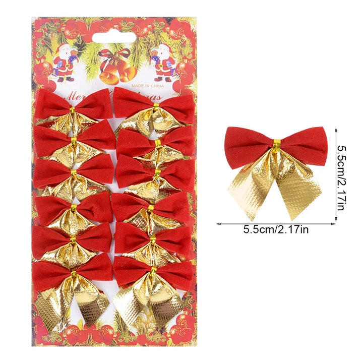 Rynx 12/24pcs Christmas Bow Red Gold Mini Christmas Tree Ribbons Charms Ornaments for Christmas Decoration New Year Party DIY Gifts