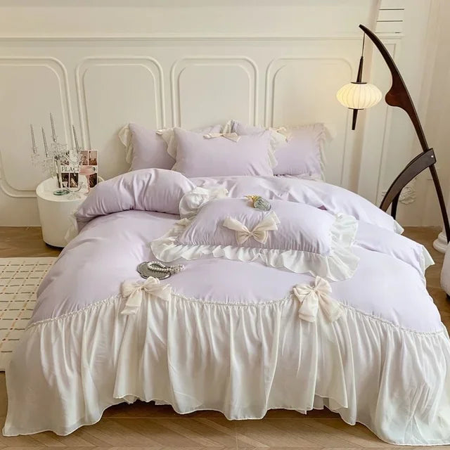 Rynx | Korean Princess Lace Bedding Set Beautiful Solid Color Lace Plush Duvet Cover Luxury Girls Wedding Home Textiles Bed Sheet Cover